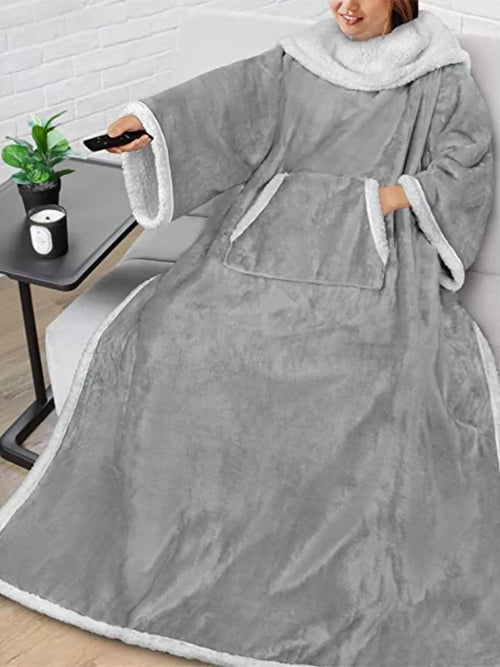Oversized wearable hoodie blanket with sherpa trim