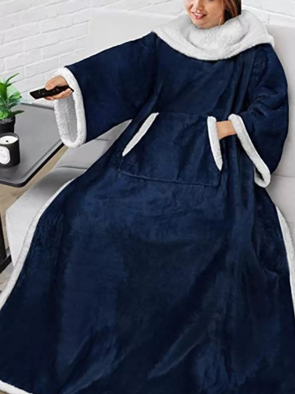 Blue sherpa-trim wearable blanket — front view
