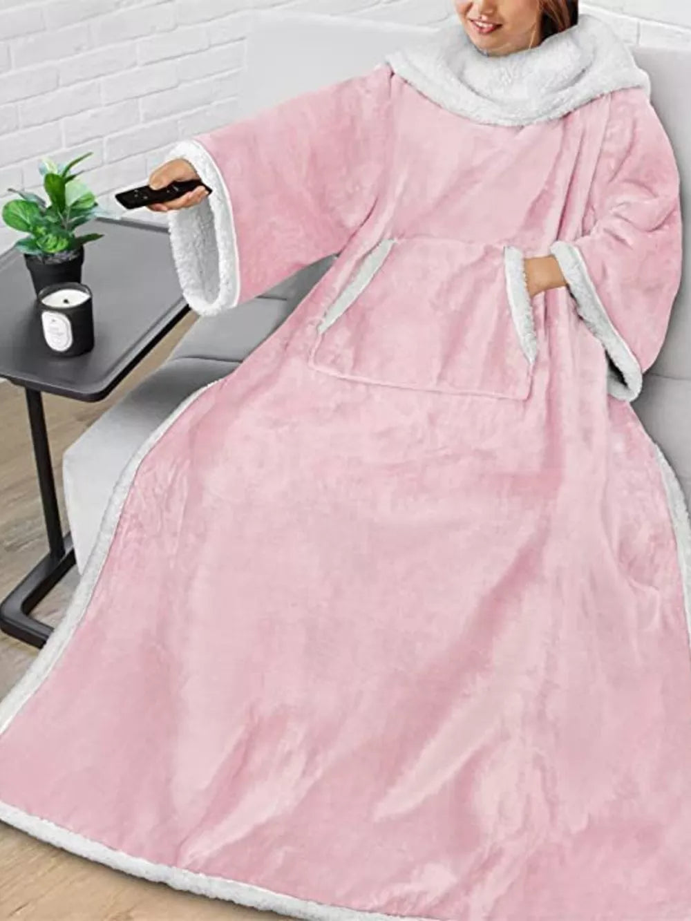 Pink sherpa-trim wearable blanket — front view